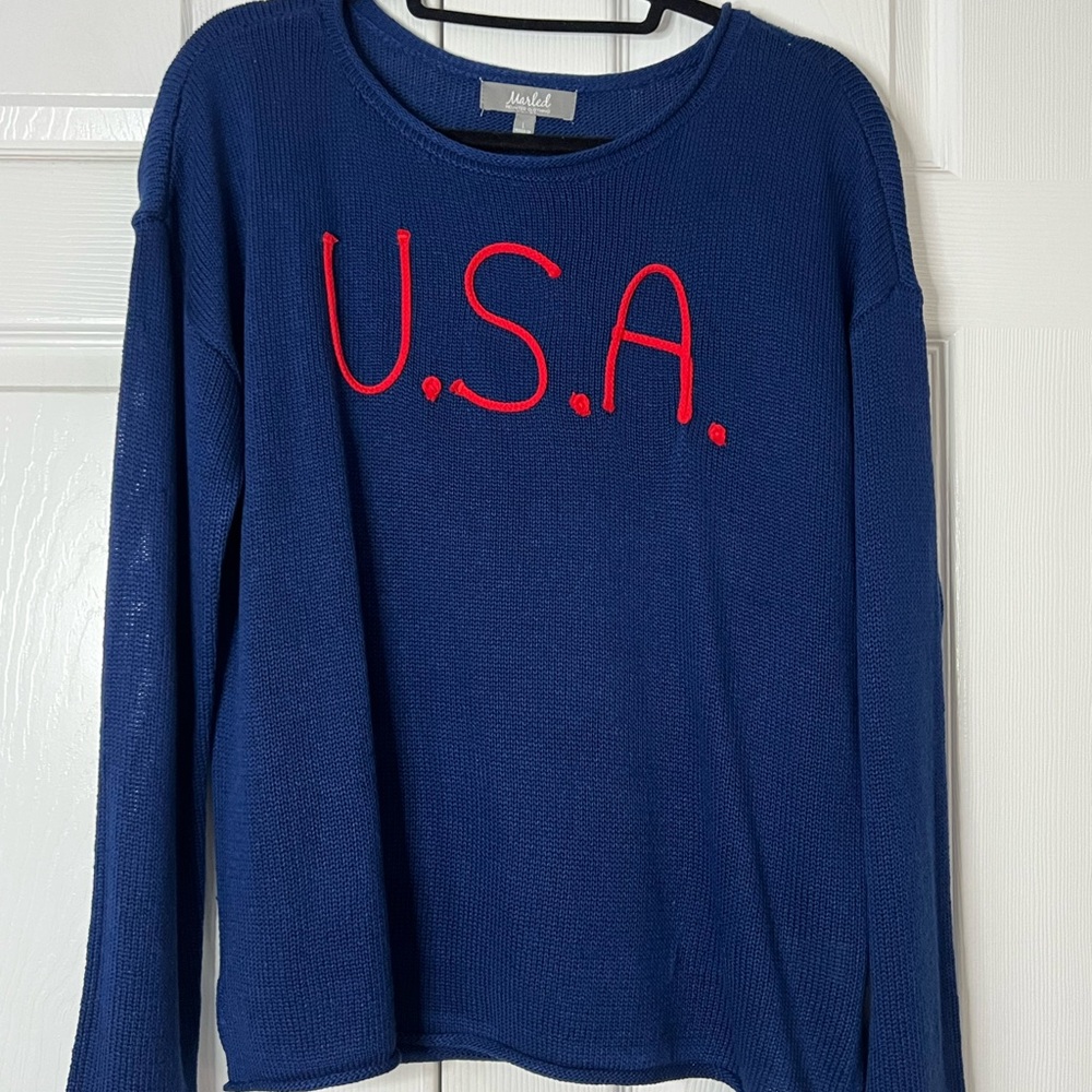Blue Knit Top with Red Lettering